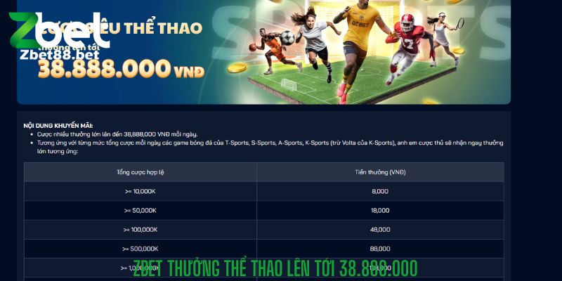Zbet thưởng thể thao lên tới 38.888.000