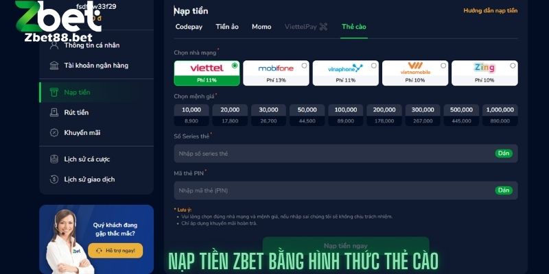 Nạp Tiền Zbet bằng hình thức thẻ cào